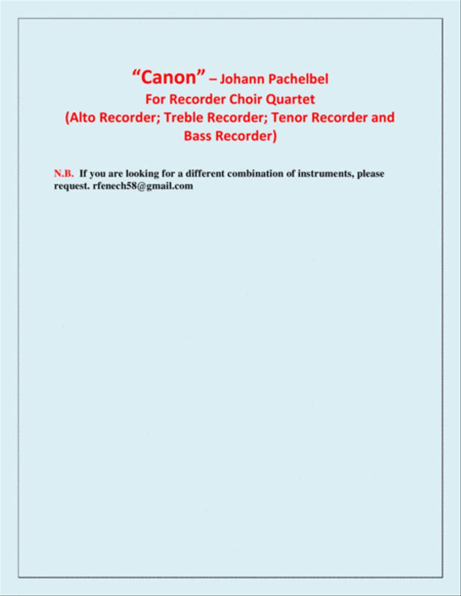Canon - Johann Pachebel - Recorder Choir Quartet (Alto Recorder; Treble Recorder; Tenor Recorder and Canon - Johann Pachebel - Recorder Choir Quartet (Alto Recorder; Treble Recorder; Tenor Recorder and Alto Recorder scores gallery preview page 3