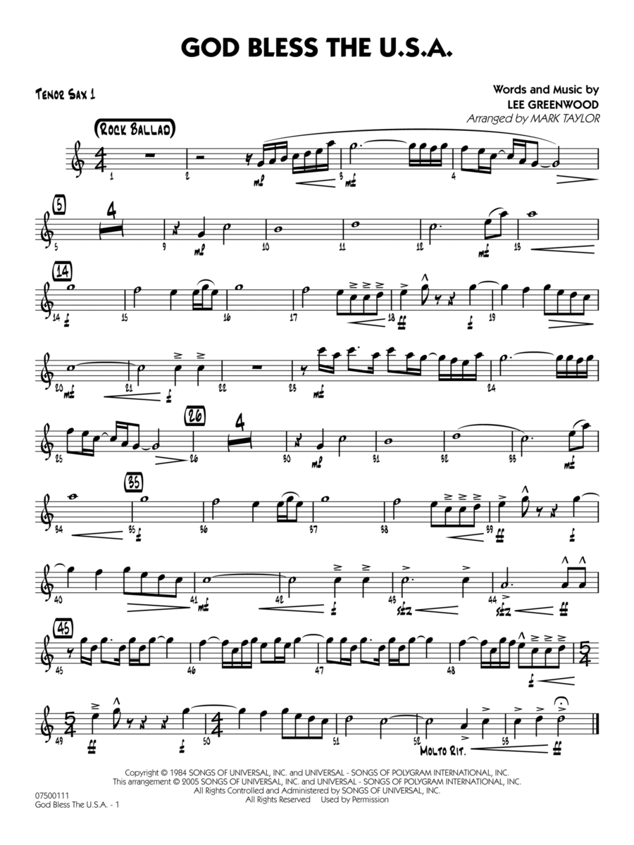 God Bless the U.S.A. (arr. Mark Taylor) - Tenor Sax 1 Jazz Ensemble scores gallery preview page 1