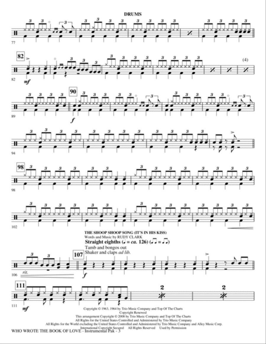 Who Wrote The Book Of Love? (Choral Medley) - Drums Choir scores gallery preview page 3
