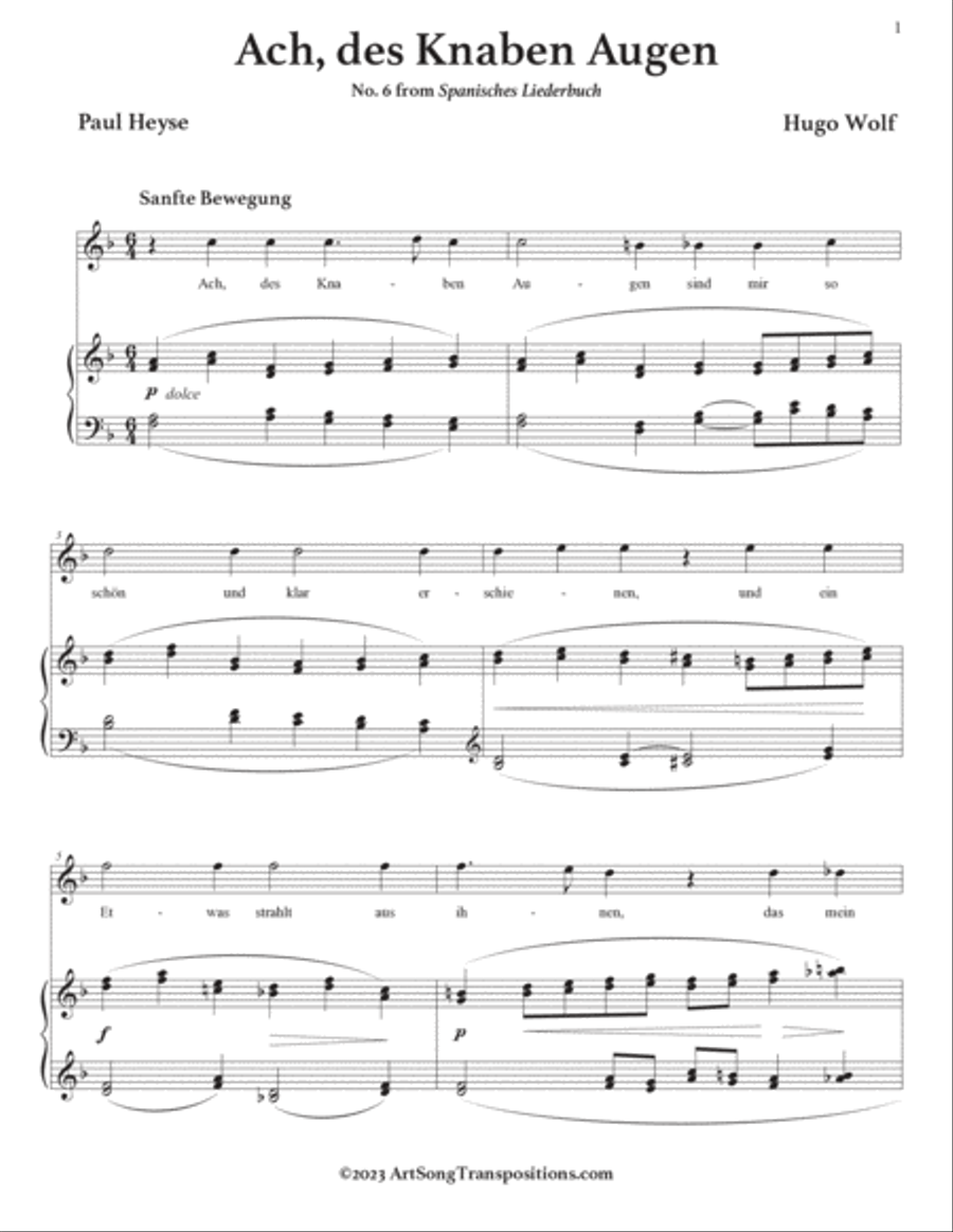 WOLF: Ach, des Knaben Augen (transposed to F major) Voice scores gallery preview page 2