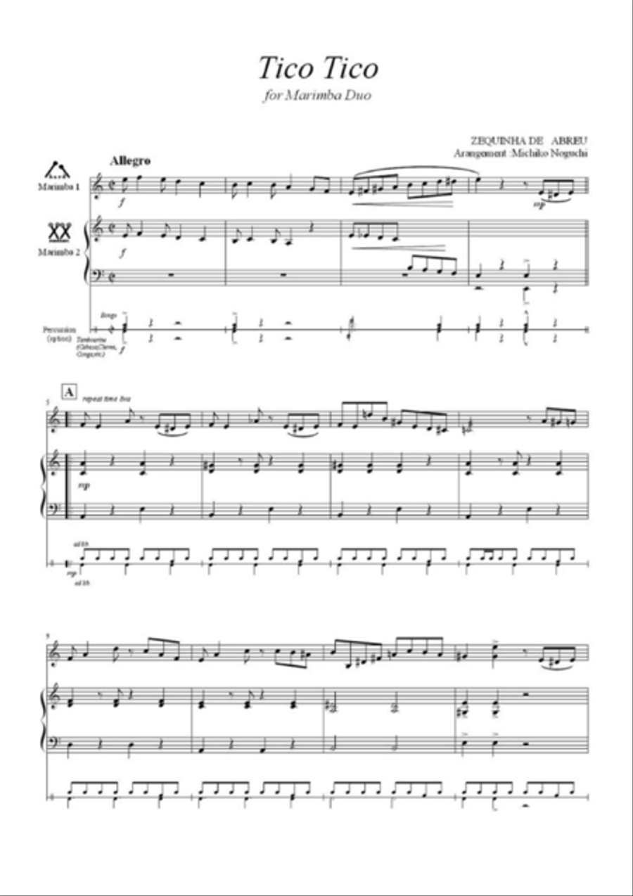 Tico - Tico for Marimba Duo + Percussion (Bongo Tambourine,Cabasa,Claves,Conga,etc.) Percussion Ensemble scores gallery preview page 2