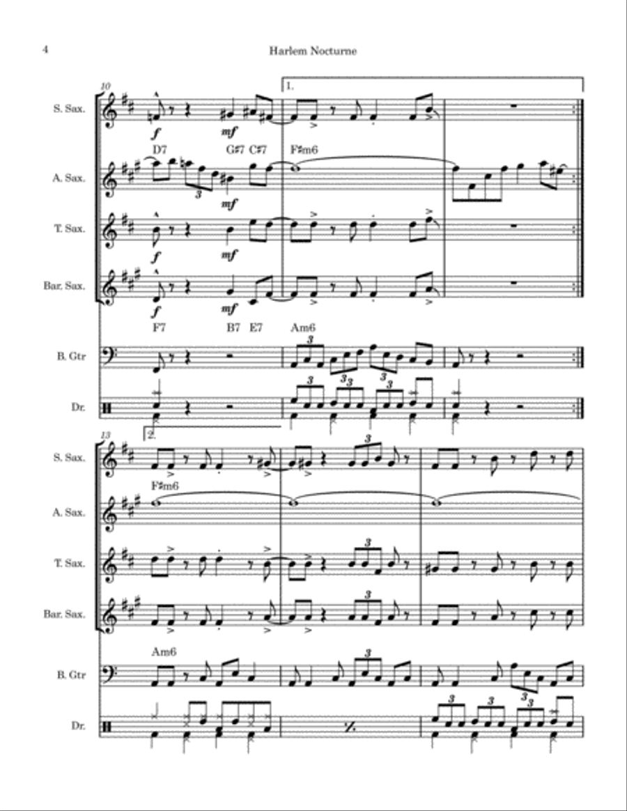 Harlem Nocturne Saxophone Quartet scores gallery preview page 4