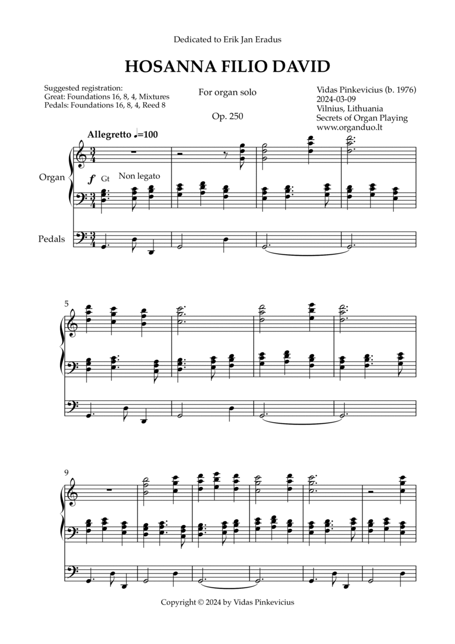 Hosanna filio David, Op. 250 (Organ Solo) by Vidas Pinkevicius Organ Solo scores gallery preview page 1