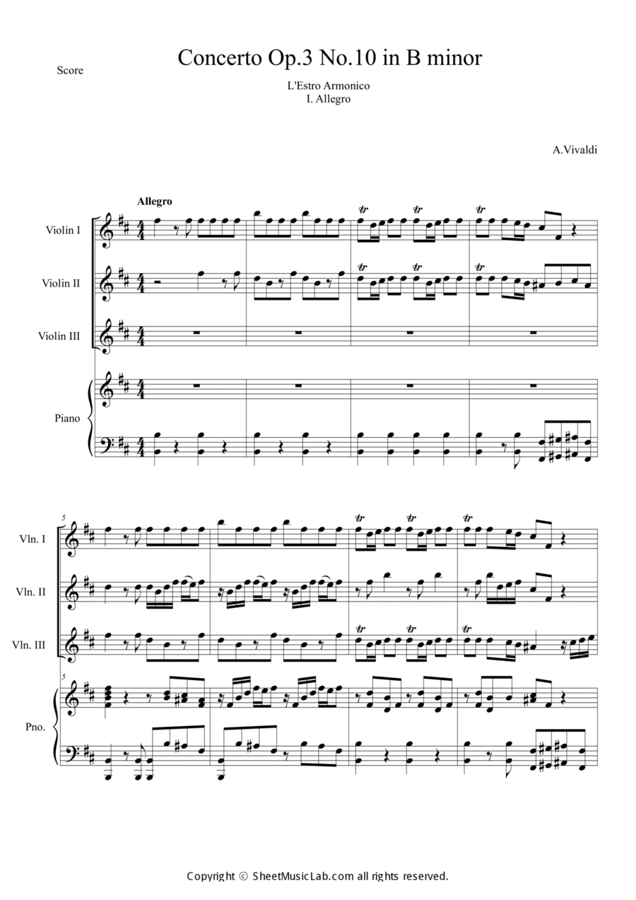 Concerto Op.3 No.10 in B minor RV 580 I. Allegro Piano Quartet scores gallery preview page 1