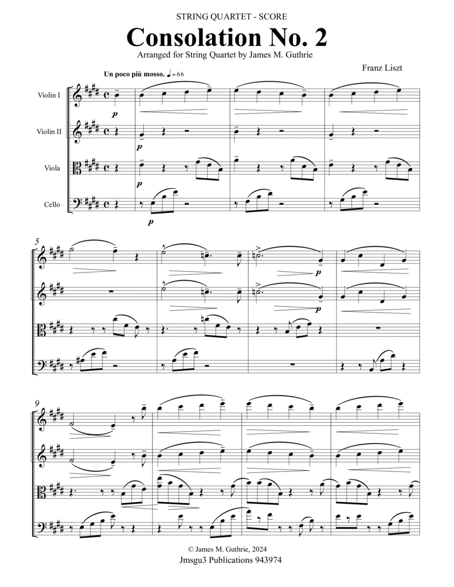 Liszt: Consolation No. 2 for String Quartet image number null