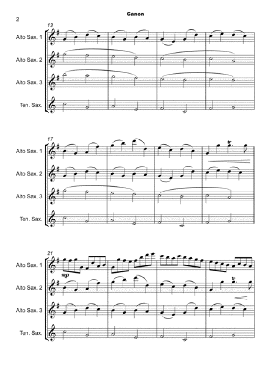Pachelbel's Canon in D, for Saxophone Quartet, three Altos and one Tenor or Baritone Saxophone Quartet scores gallery preview page 3