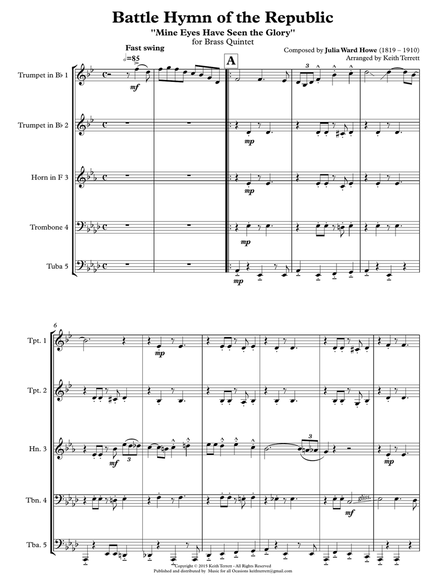 Battle Hymn of the Republic for Brass Quintet (jazz for 5 brass series) Brass Quintet scores gallery preview page 2