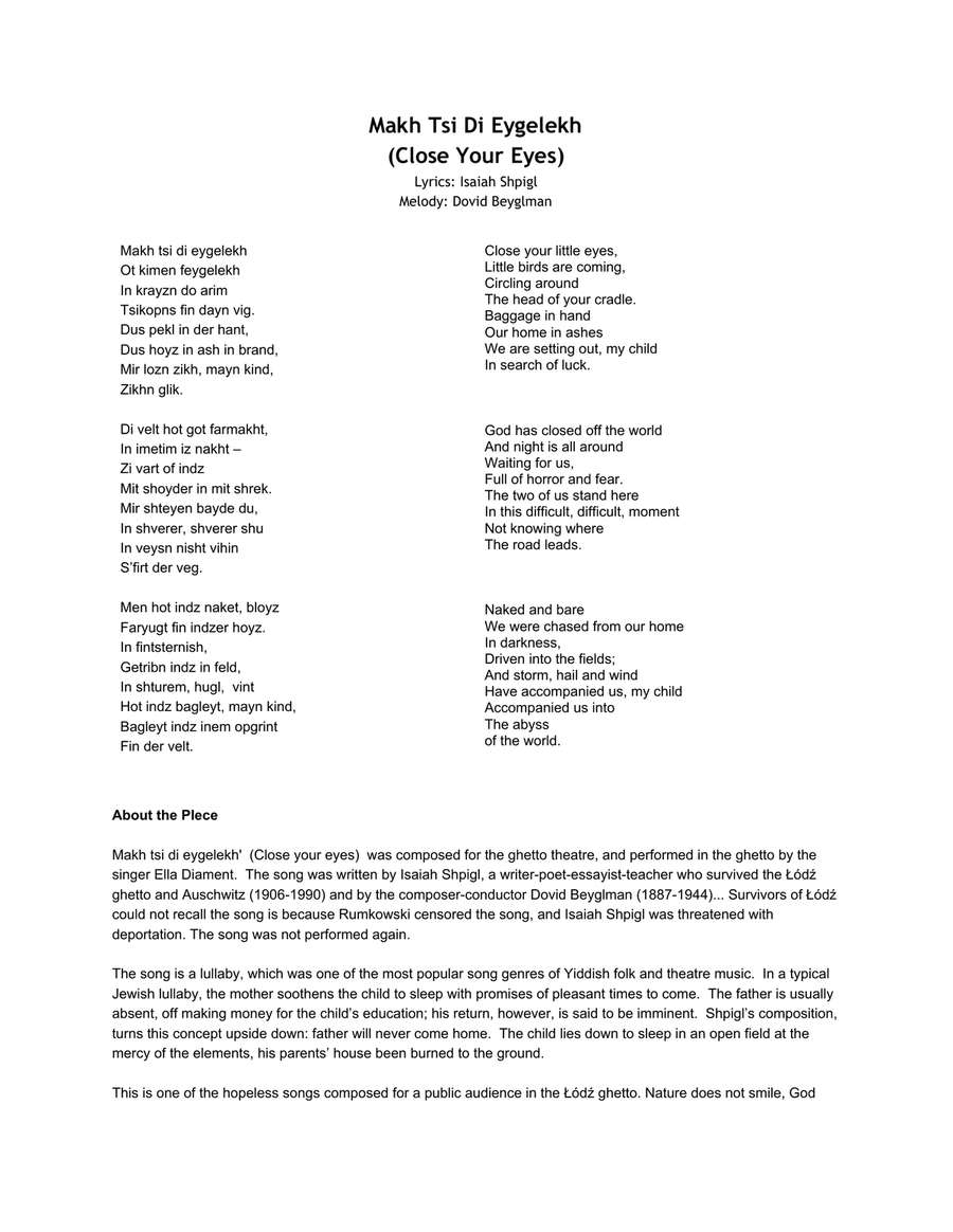 Makh Tsi Di Eygelekh (close your eyes) 3-Part scores gallery preview page 1
