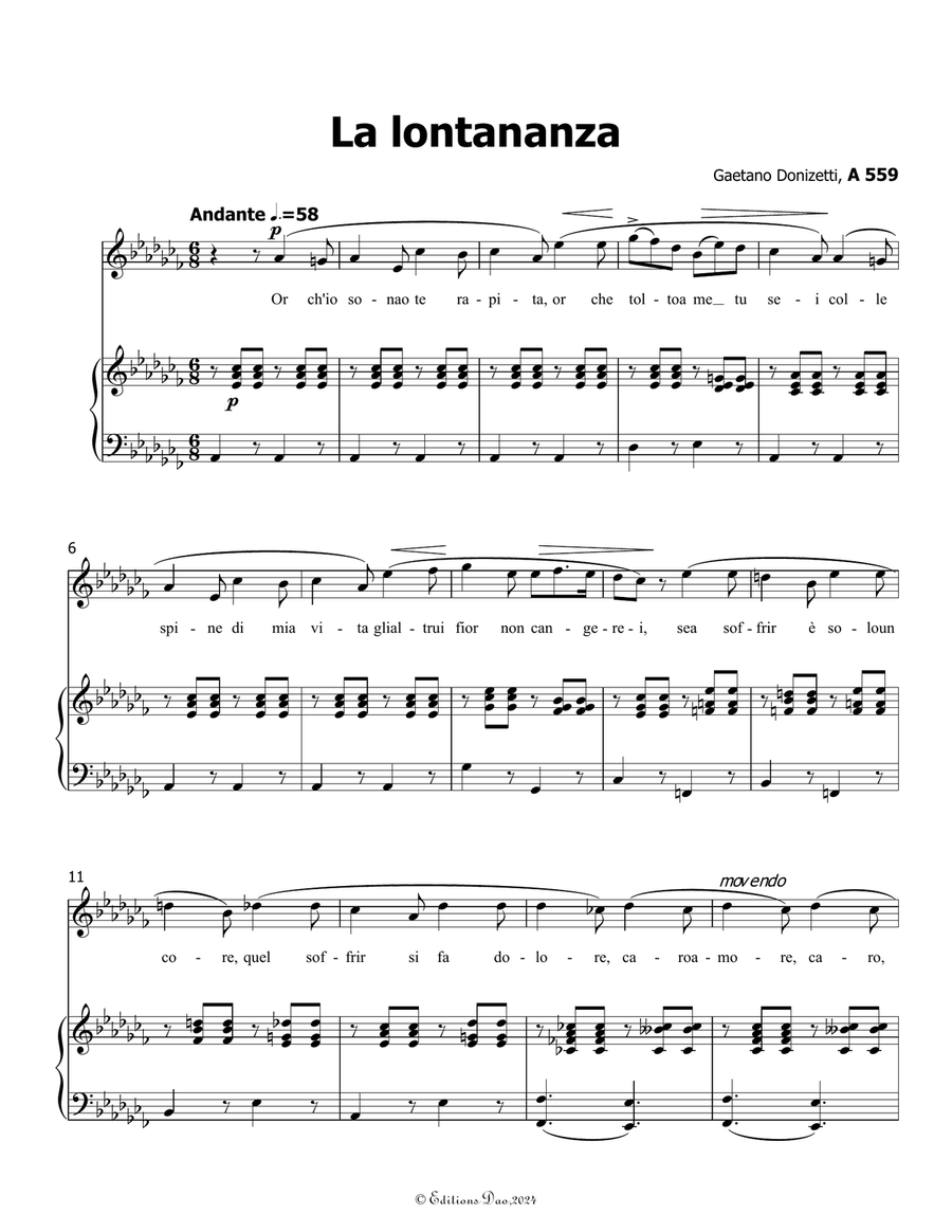 La lontananza, by Donizetti, A 559, in a flat minor Piano, Vocal scores gallery preview page 3