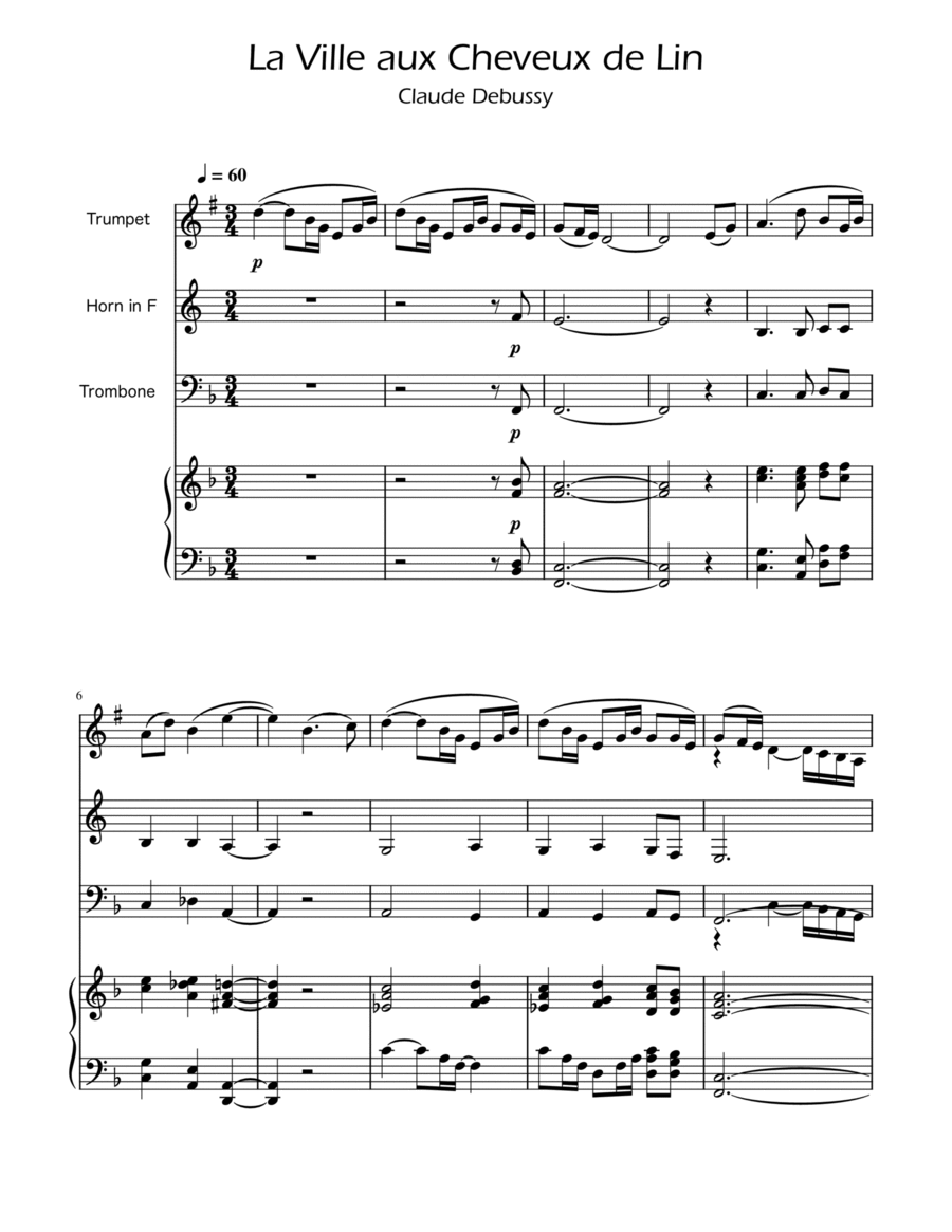 La fille aux cheveux de lin - Debussy - Brass Trio w/ Piano Brass Trio scores gallery preview page 1