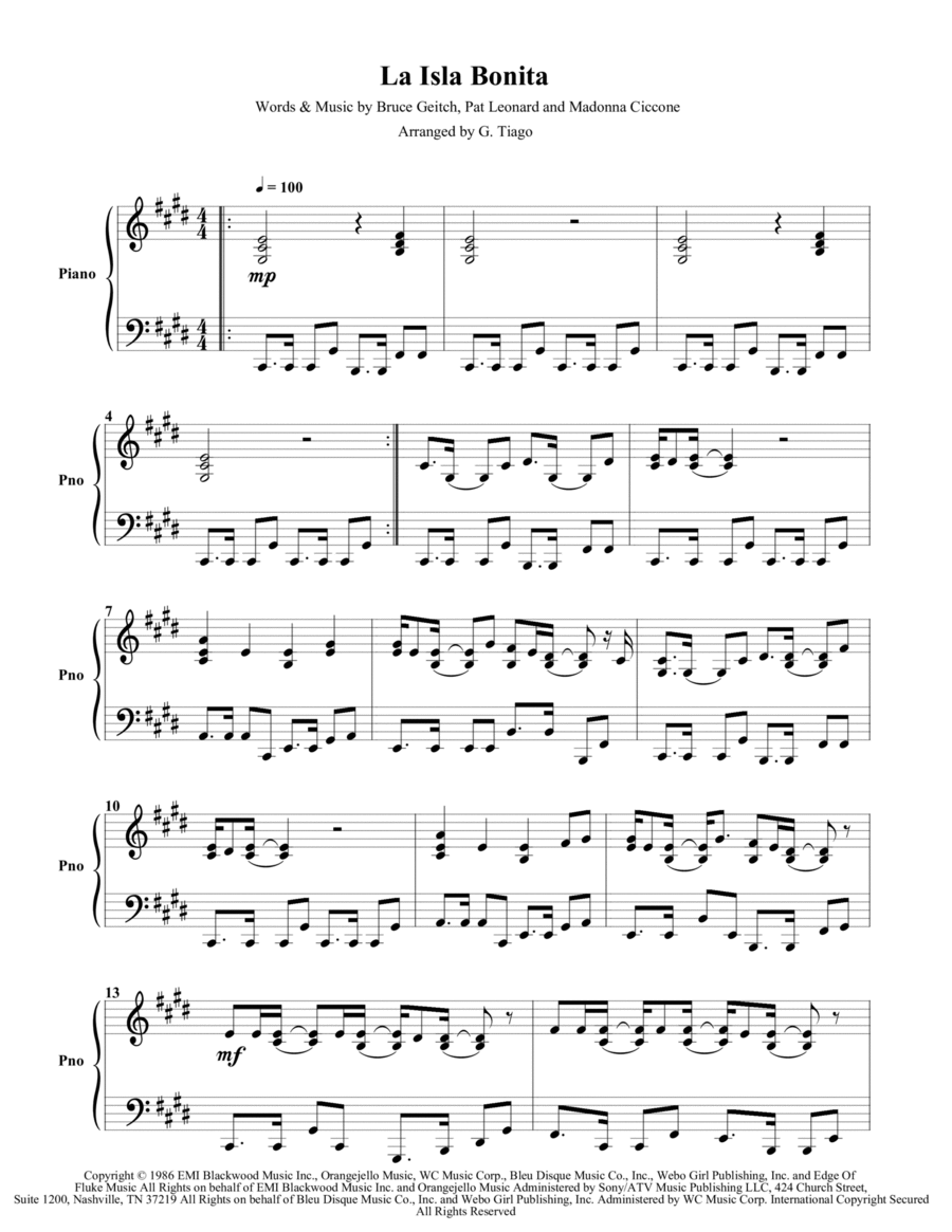 La Isla Bonita Piano Solo scores gallery preview page 1