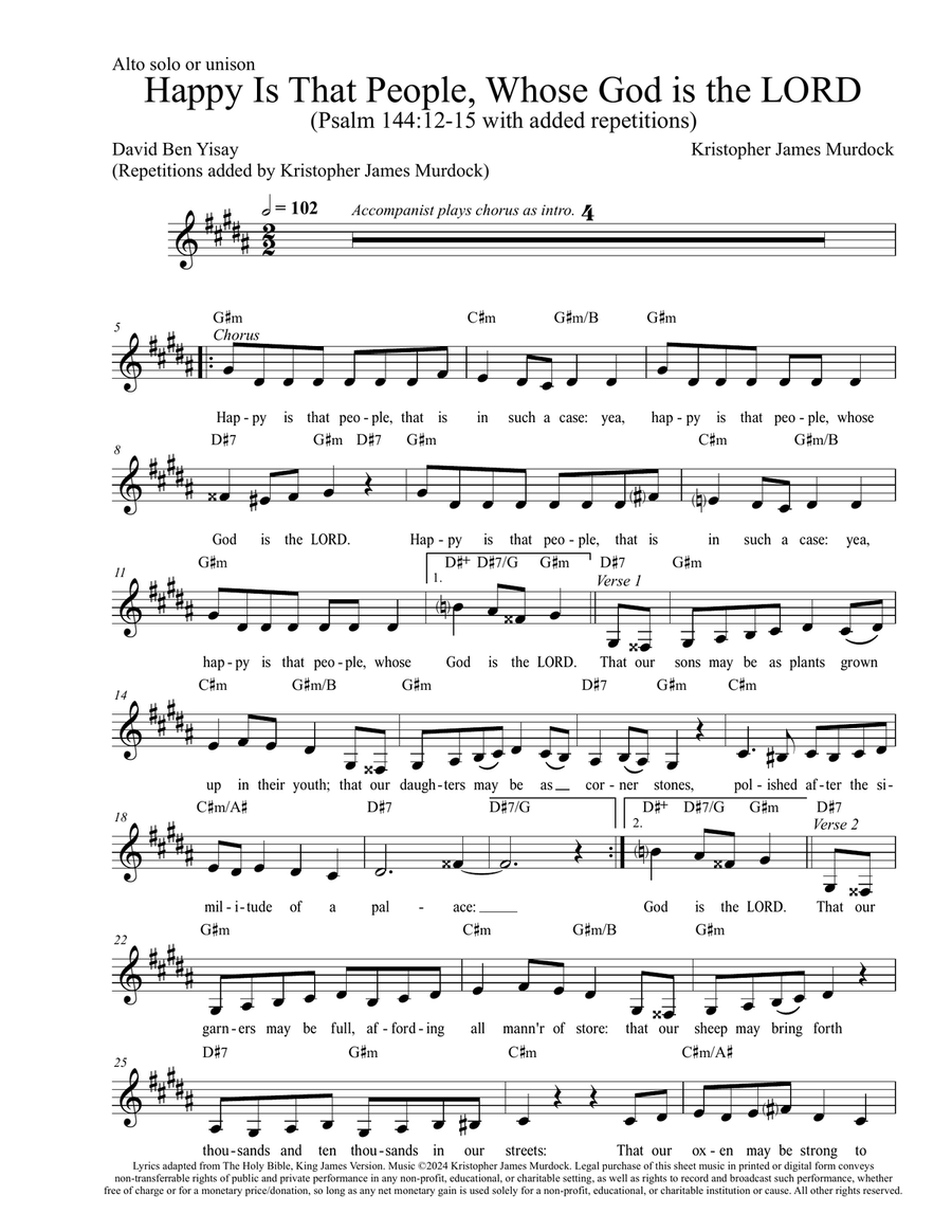 Happy Is That People (based on Psalm 144:12-15)--Alto solo or unison with piano chords Unison Choir scores gallery preview page 1