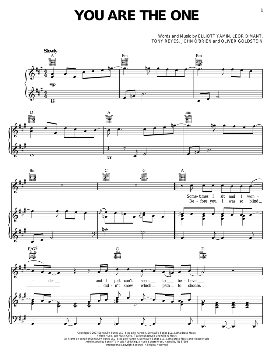 You Are The One Piano, Vocal, Guitar scores gallery preview page 1