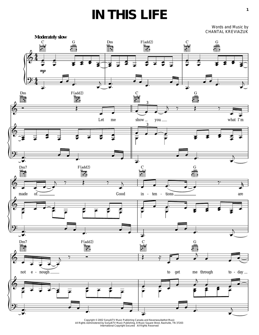 In This Life Piano, Vocal, Guitar scores gallery preview page 1