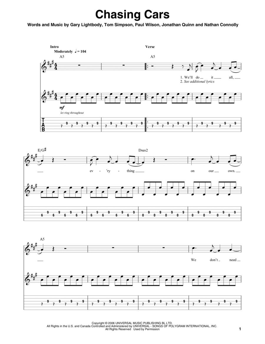 Chasing Cars Guitar Tablature scores gallery preview page 1