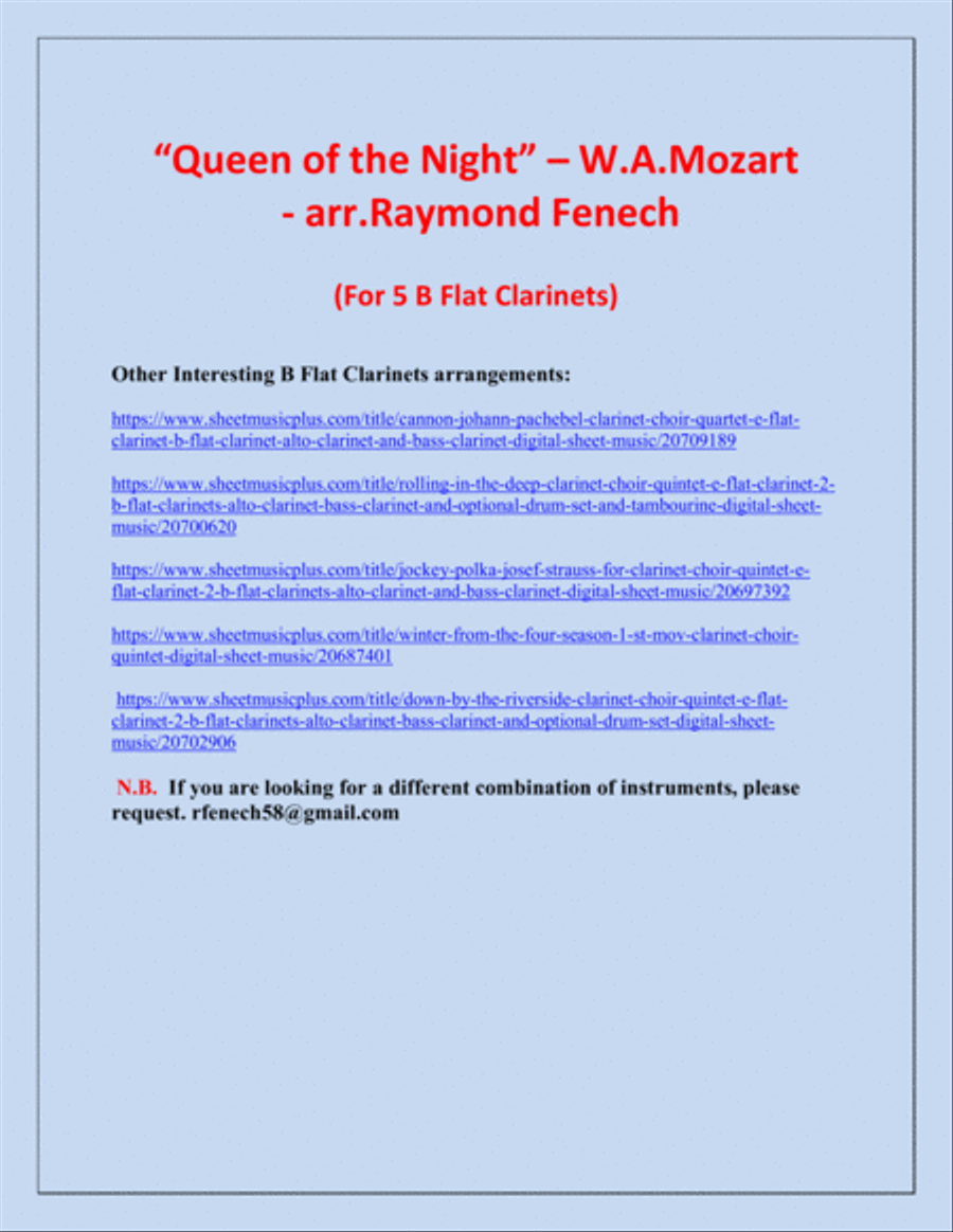 Queen of the Night - From the Magic Flute - 5 B Flat Clarinets Quintet Clarinet Quintet scores gallery preview page 3