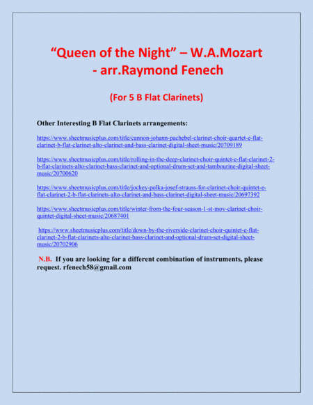 Queen of the Night - From the Magic Flute - 5 B Flat Clarinets Quintet image number null