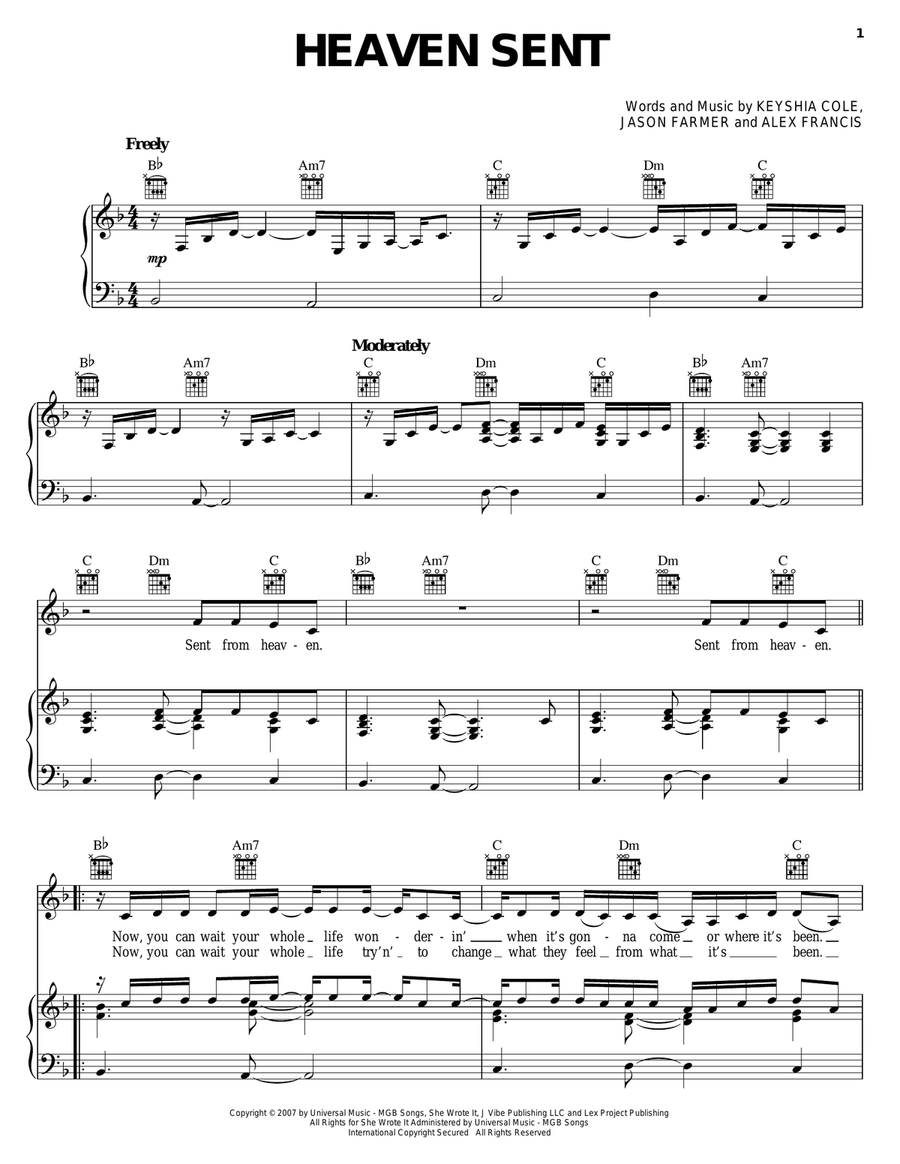 Heaven Sent Piano, Vocal, Guitar scores gallery preview page 1