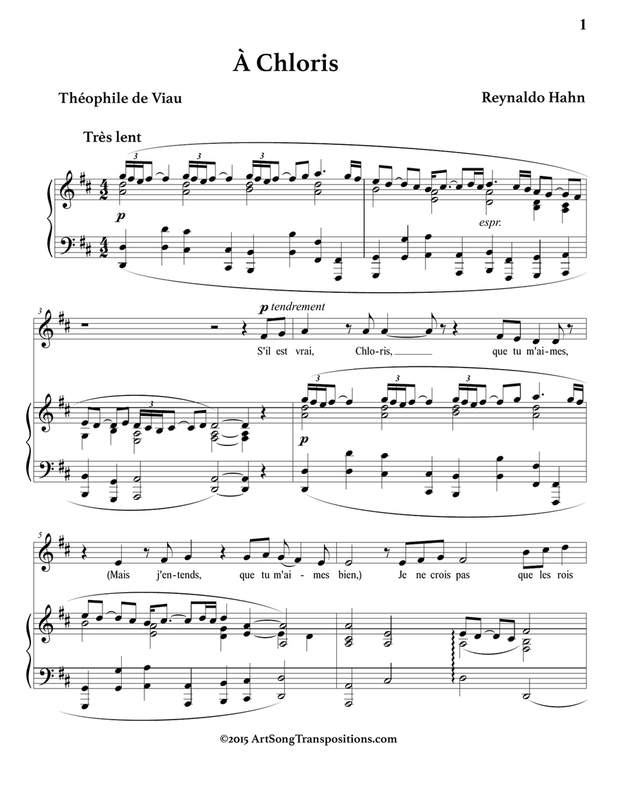 HAHN: À Chloris (in 3 low keys: D, D-flat, C major) Piano, Vocal scores gallery preview page 2