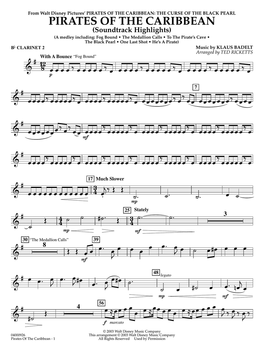 Pirates of the Caribbean (Soundtrack Highlights) (arr. Ted Ricketts) - Bb Clarinet 2 Concert Band scores gallery preview page 1
