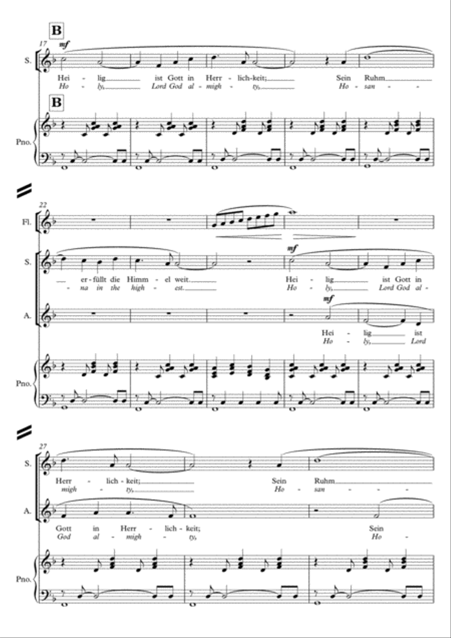 Sanctus / Holy / Heilig 2013 in F (Eng & Gm) for SATB choir, piano and flutes (rhythmic setting) 4-Part scores gallery preview page 3
