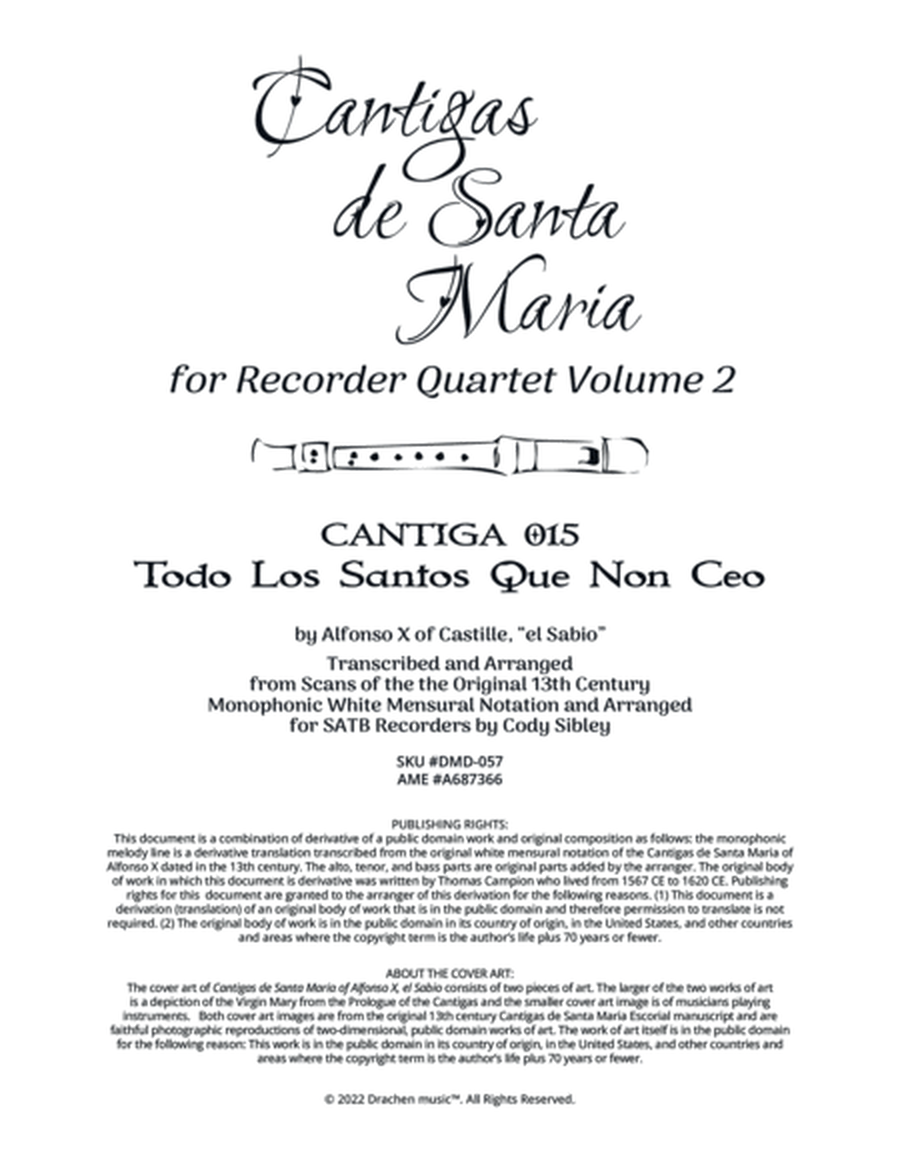 Cantigas de Santa Maria 015 Todo Los Santos Que Non Ceo for Recorder Quartet image number null