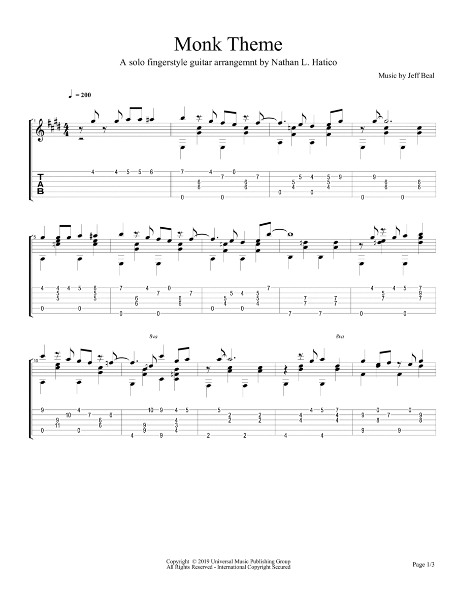 Monk Theme Guitar Tablature scores gallery preview page 1