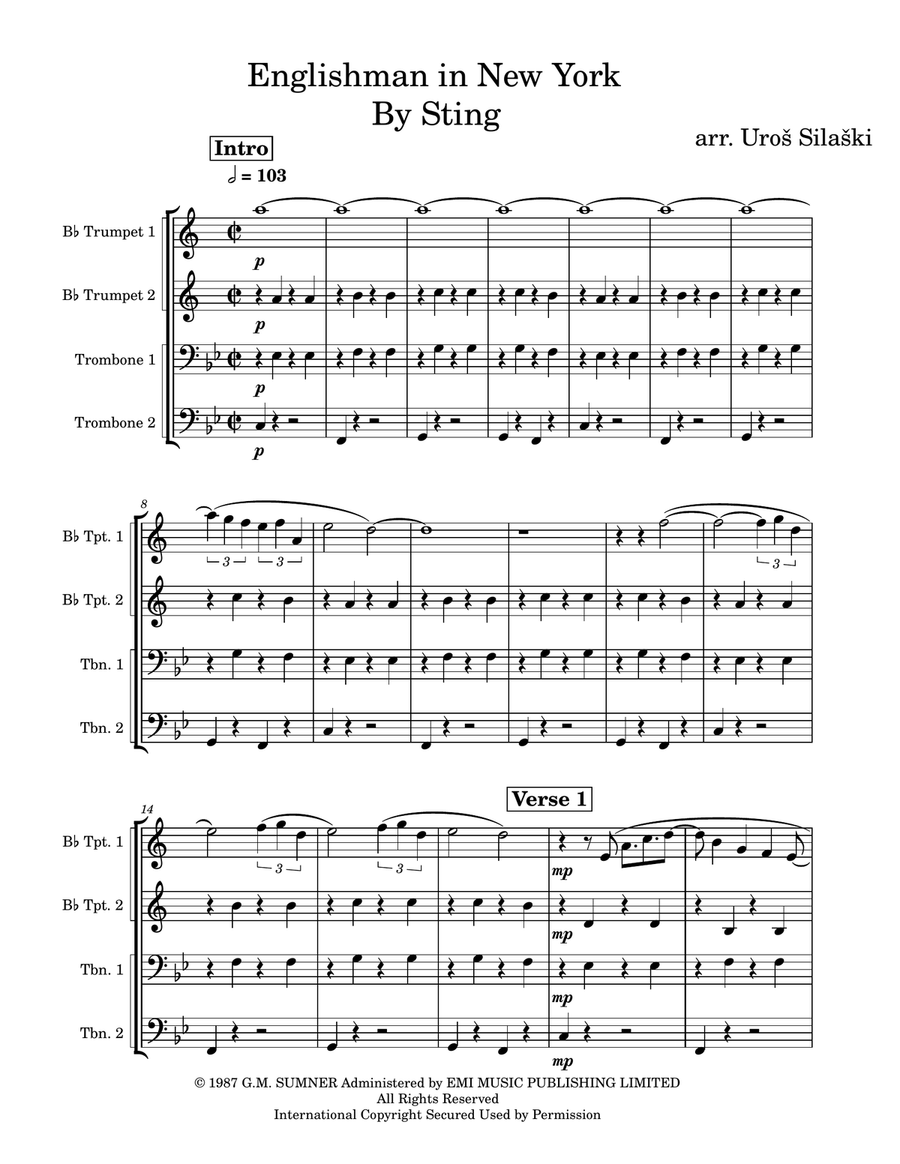Englishman In New York Brass Quartet scores gallery preview page 1