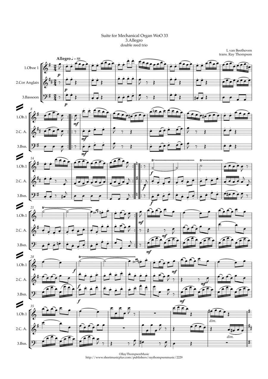 Beethoven: Suite for Mechanical Organ (Clock) WoO 33 III. Allegro - double reed trio (Ob.,C.A.,Bsn.) Woodwind Ensemble scores gallery preview page 1