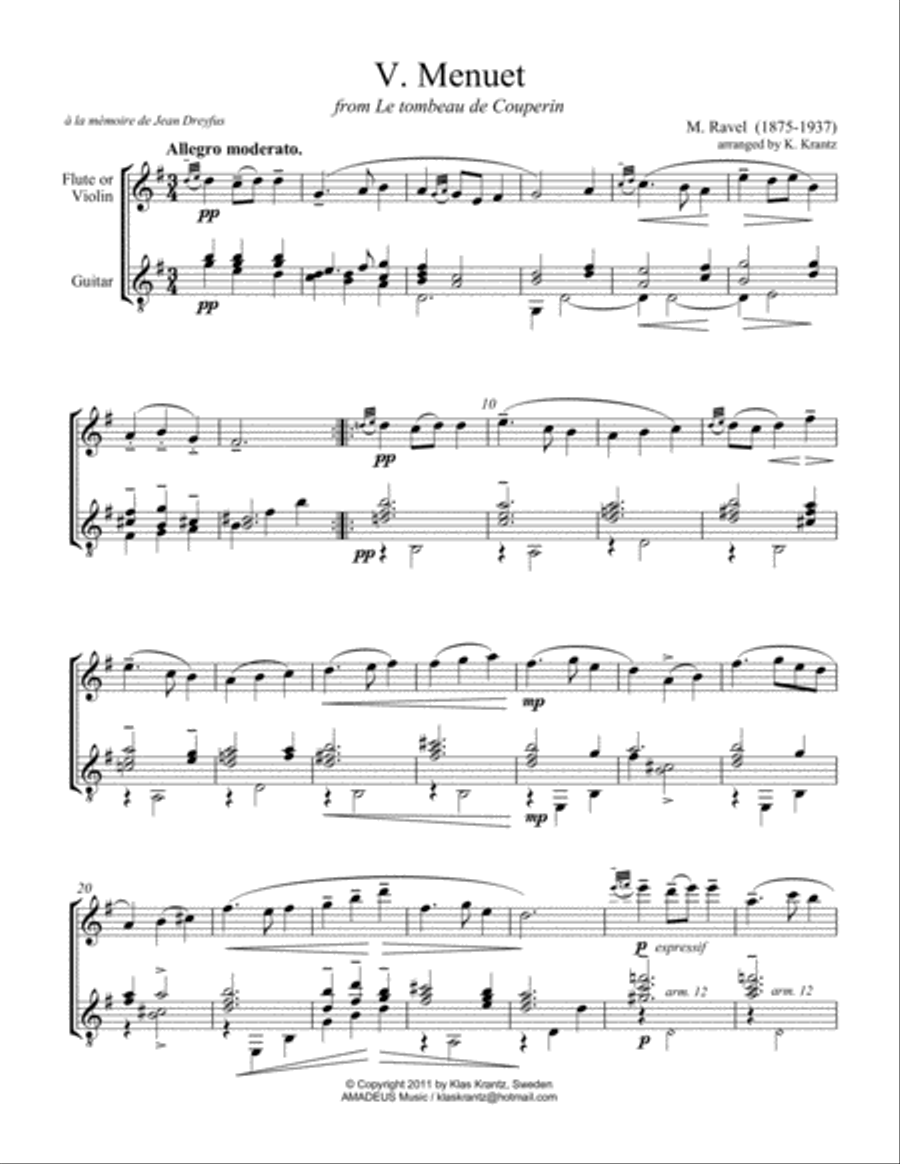 Menuet from Le tombeau de Couperin for violin or flute and guitar Flute scores gallery preview page 2