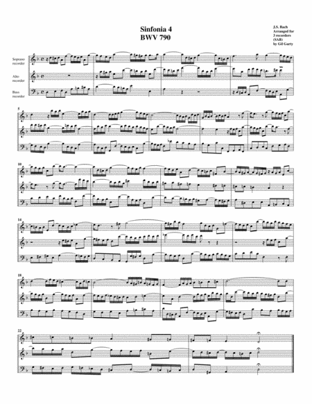 Sinfonia (Three part invention) no.4, BWV 790 (arrangement for 3 recorders)