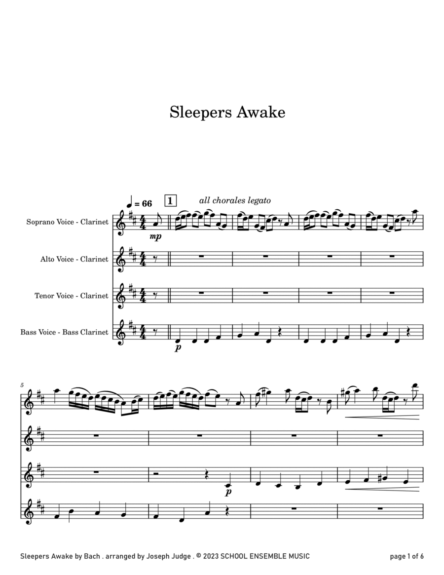 Sleepers Awake by Bach for Clarinet Quartet in Schools Clarinet Quartet scores gallery preview page 1