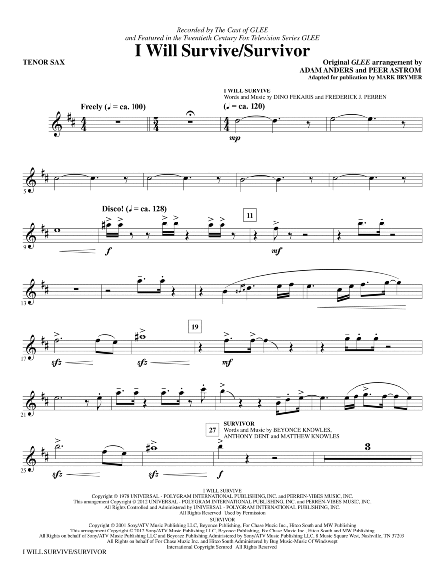 I Will Survive/Survivor (arr. Mark Brymer) - Tenor Sax Choir scores gallery preview page 1