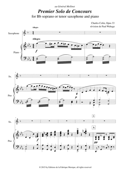 Charles COLIN Solo de Concours no. 1, Opus 33 , arranged for Bb soprano or tenor saxophone and piano