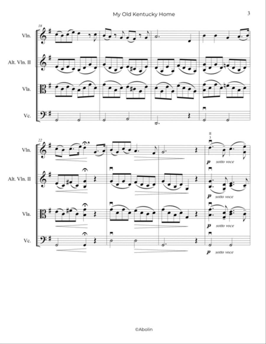 Foster: My Old Kentucky Home - String Trio, or 2 Violins and Cello String Trio scores gallery preview page 4