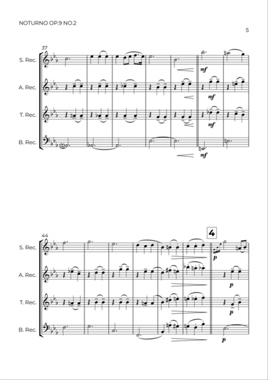 NOTURNO OP.9 NO.2 - CHOPIN – RECORDER QUARTET Woodwind Ensemble scores gallery preview page 5