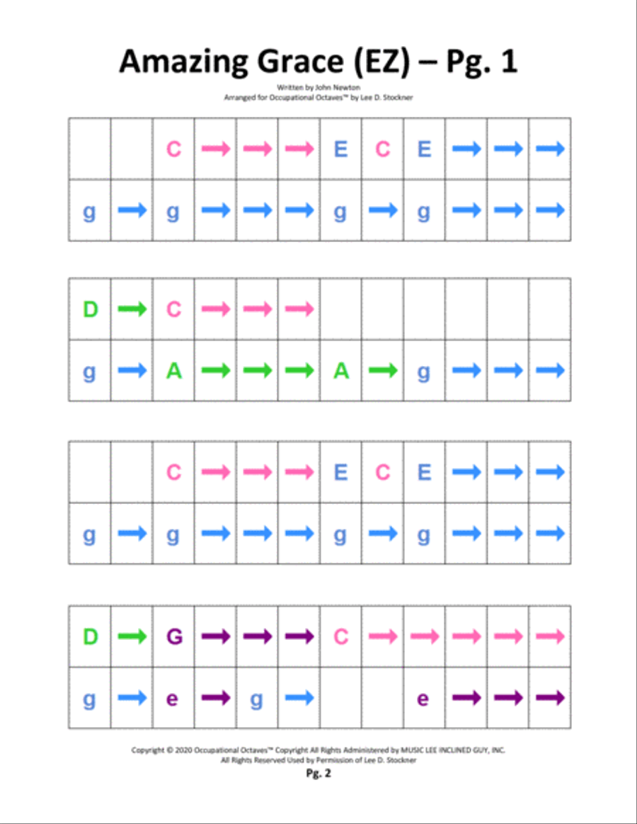 Occupational Octaves Piano™ Supplement 2.2 (Au Claire de la Lune, Amazing Grace, New York Blues No Piano Solo scores gallery preview page 3