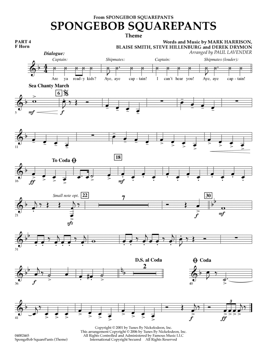 Spongebob Squarepants - Pt.4 - F Horn Concert Band scores gallery preview page 1