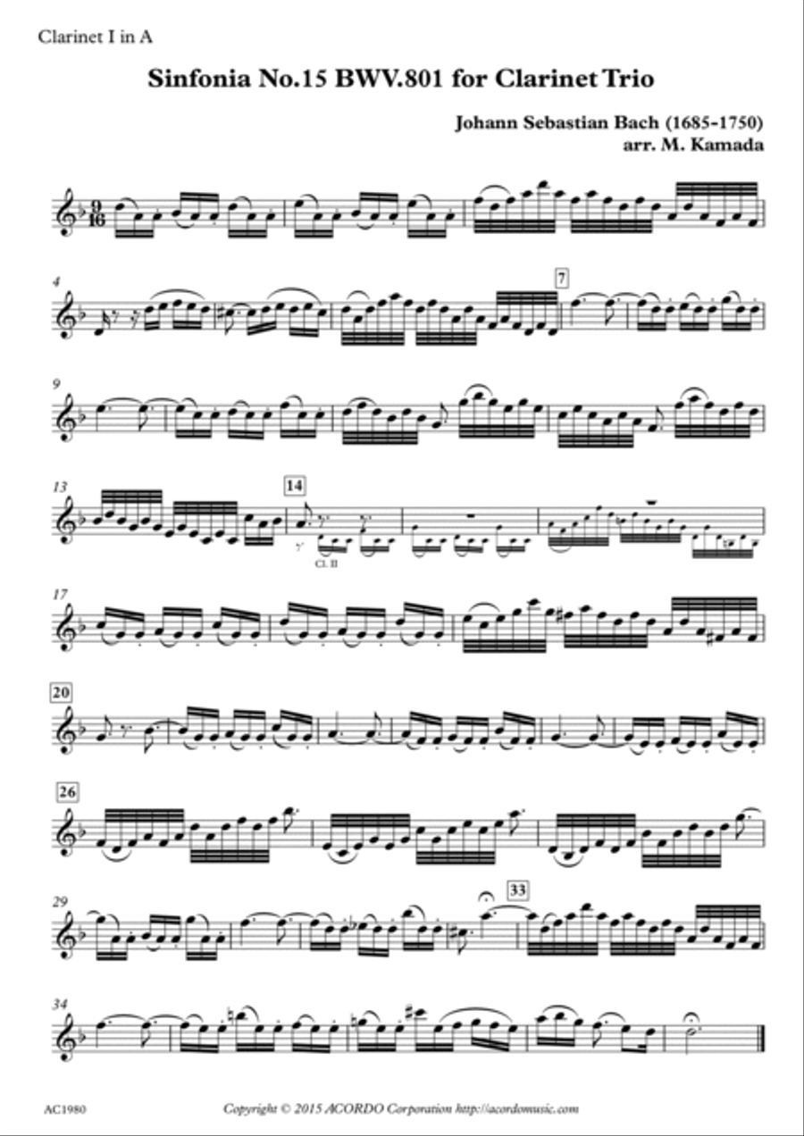 Sinfonia No.15 BWV.801 for Clarinet Trio Clarinet Trio scores gallery preview page 3