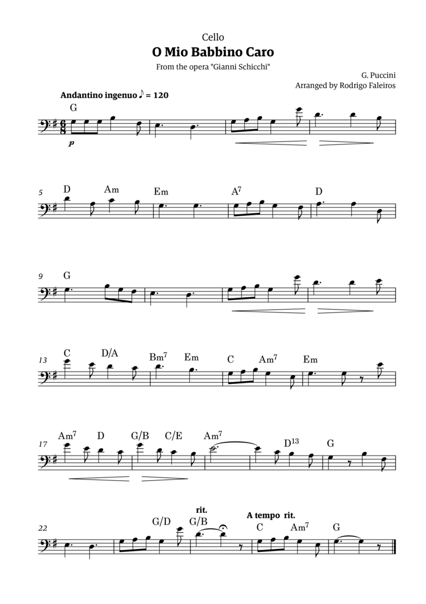 O Mio Babbino Caro - for cello solo (with chords) image number null