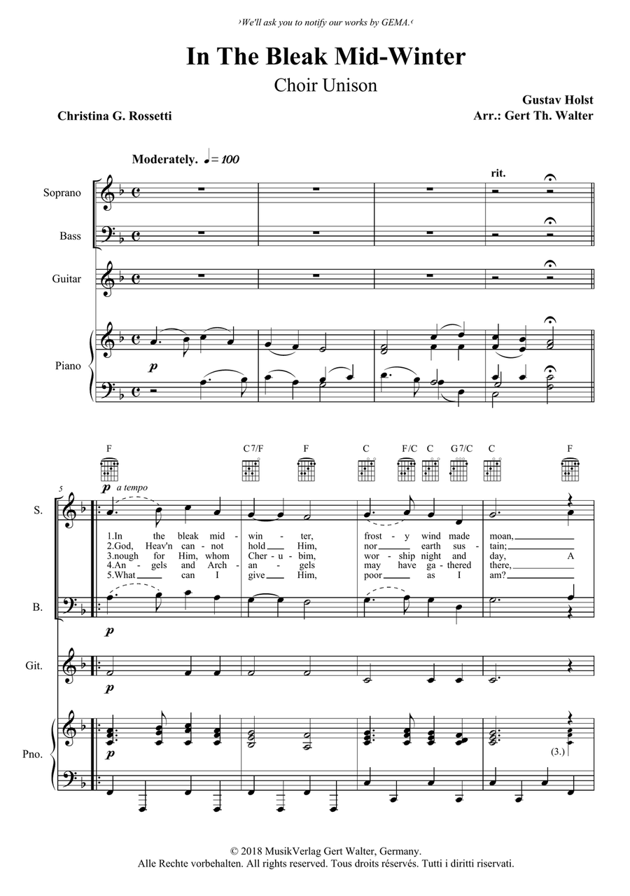 In The Bleak MidWinter by Gustav Holst Unison Choir Digital Sheet Music Sheet Music Plus