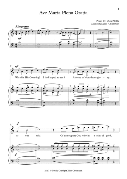 Ave Maria Plena Gratia, In C Major key, For Soprano or Tenor Solo With Piano image number null
