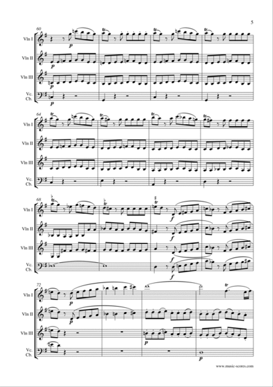 Eine Kleine Nachtmusik - Allegro 1st movement - 3 Violins and Cello and/or Contrabass String Trio scores gallery preview page 5