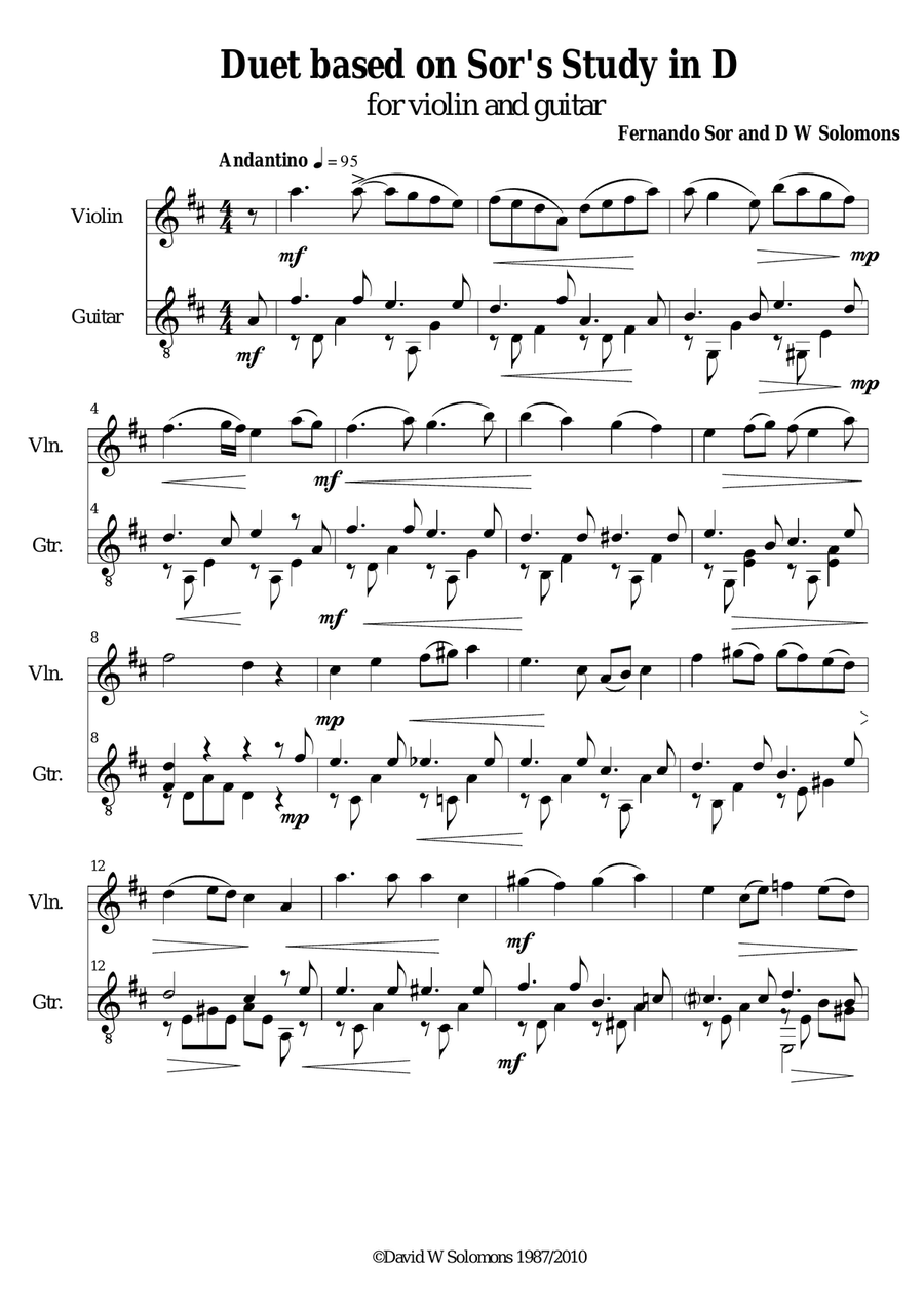 Study in D for guitar with added tune for violin String Duet scores gallery preview page 1