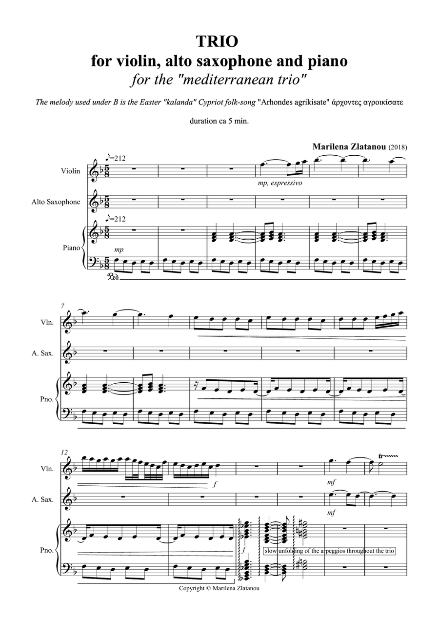TRIO for violin, alto saxophone and piano Small Ensemble scores gallery preview page 1