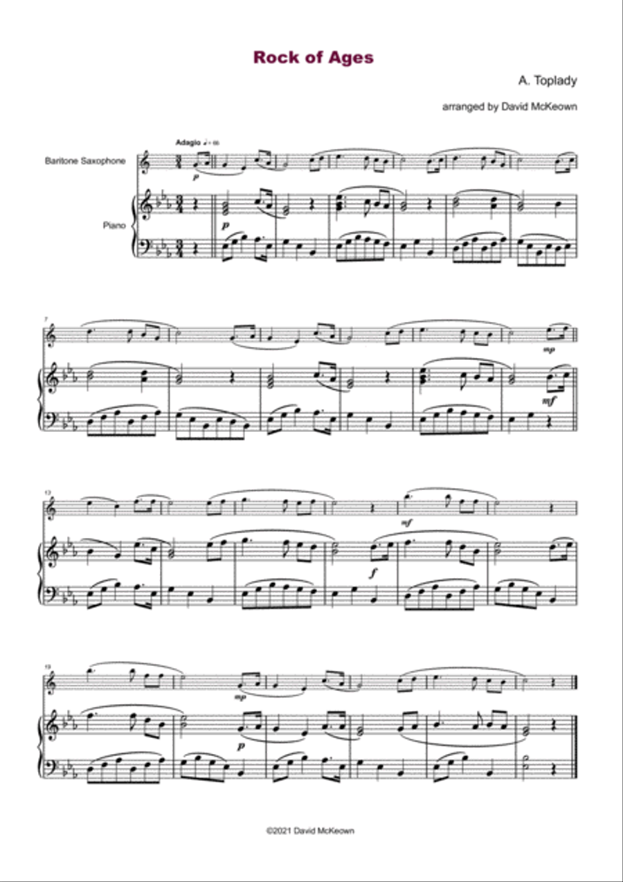 Rock of Ages, Gospel Hymn for Baritone Saxophone and Piano Baritone Saxophone scores gallery preview page 2