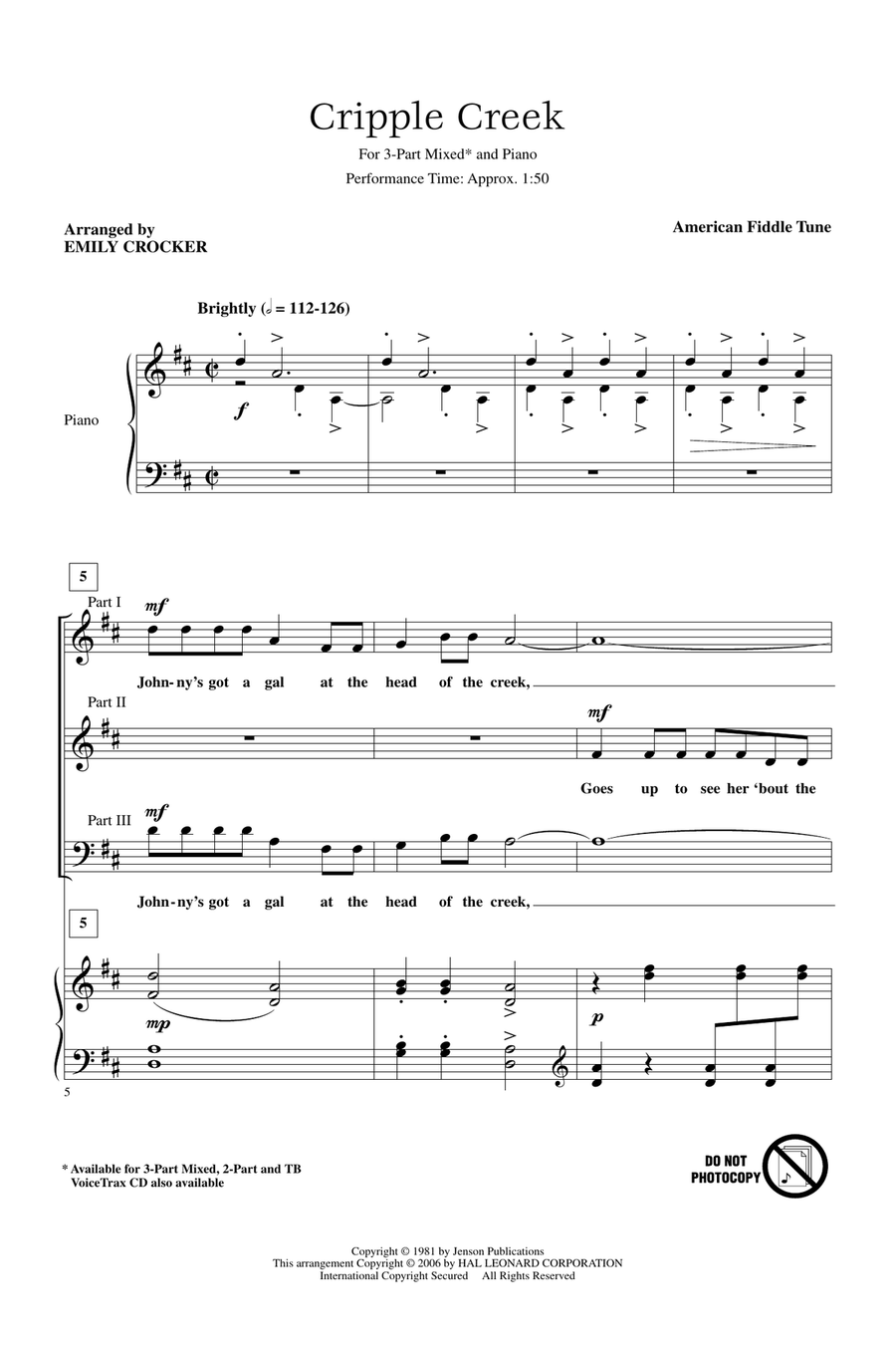 Cripple Creek (arr. Emily Crocker) 3-Part scores gallery preview page 1