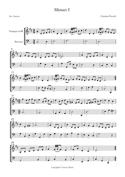 bach bwv anh 114 minuet in g Trumpet and Bassoon sheet music with ornaments image number null