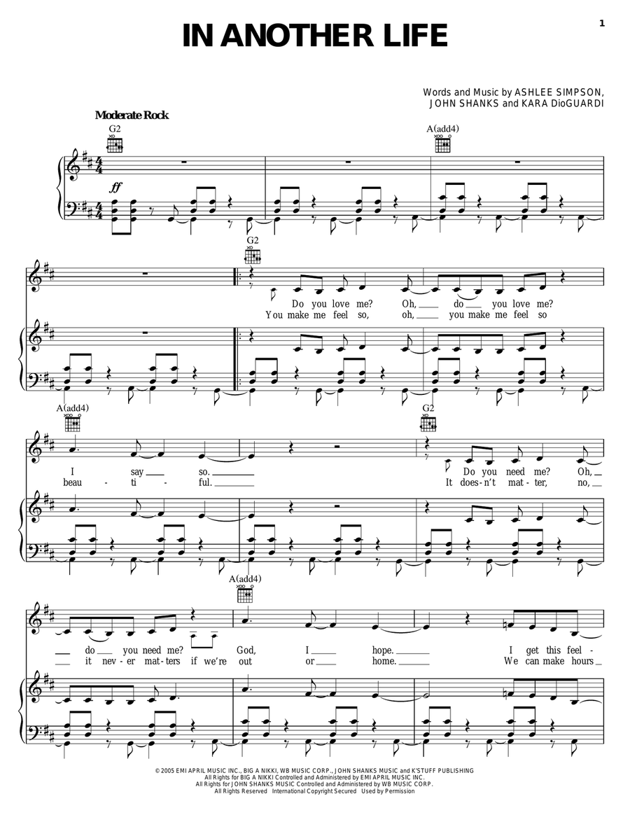 In Another Life Piano, Vocal, Guitar scores gallery preview page 1