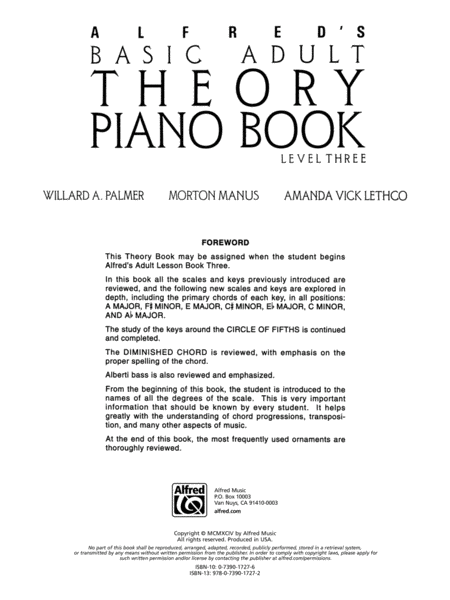 Alfred's Basic Adult Piano Course Theory, Book 3